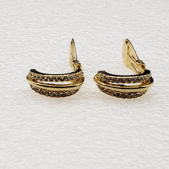 Clip On Encrusted Rhinestone Gold Hoops - Picture 4 of 7